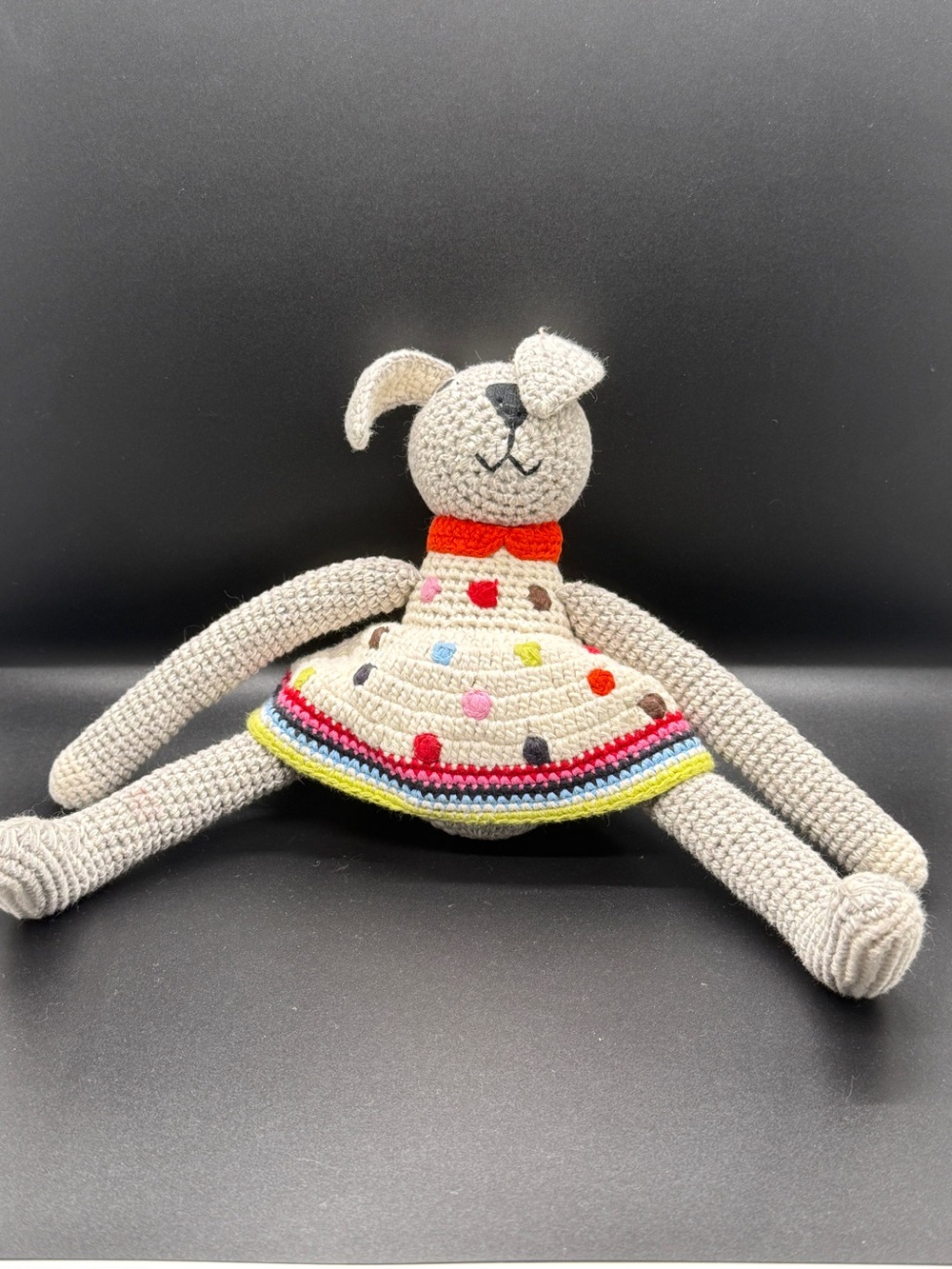Handmade Beige Crochet Bunny with Colorful Polka-Dot Dress
